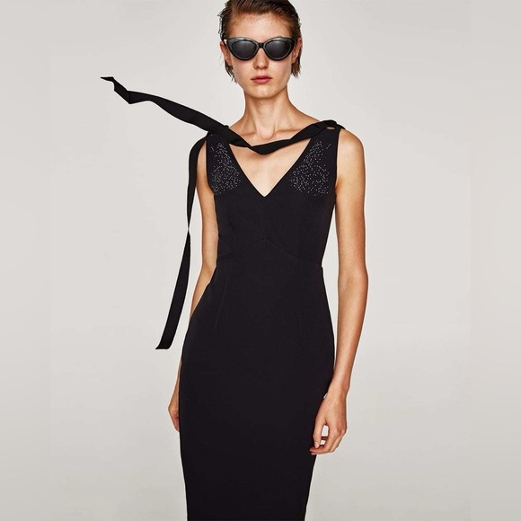 Zara Dresses & Skirts - Zara Black Midi Dress Rhinestone Detail | Tie Strap Bodycon - Large